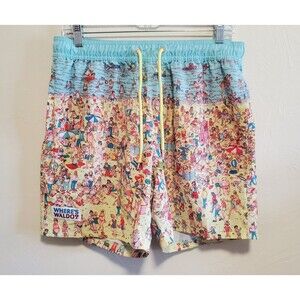 Where's Waldo Beach Swim Trunks Mens Medium Novelty Swim Shorts Beach Scene